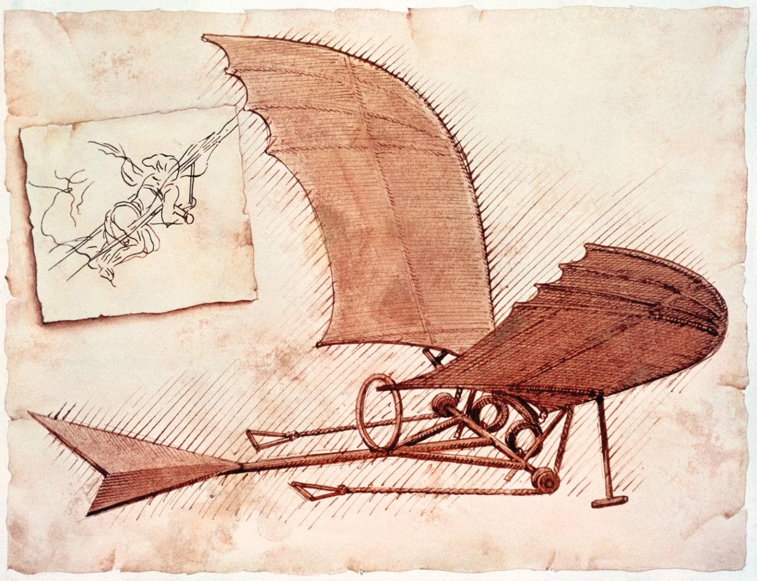Sepia drawing of a flying machine with bat-like wings, pulley mechanisms, a triangular tail and an inset pilot study.